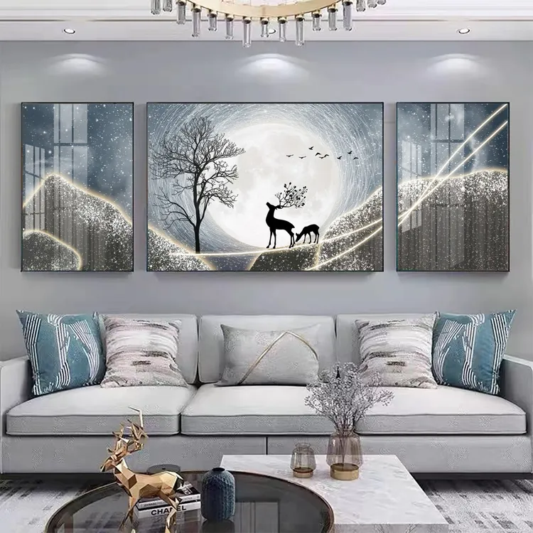 现代简约星空麋鹿客厅装饰画轻奢高端沙发背景墙三联挂画晶瓷壁画