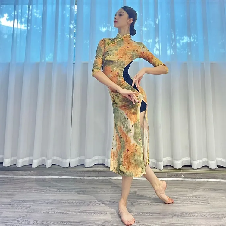 soso佳原创设计高弹力春三月花色显腰瘦古典舞旗袍复古国风舞蹈服