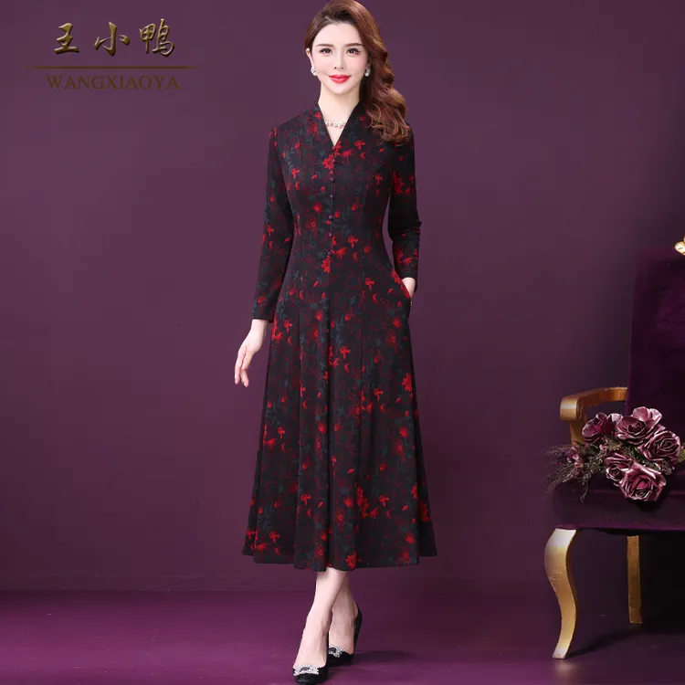 王小鸭W-BM-919027时尚阔太太品牌女装复古印花大码连衣裙典雅
