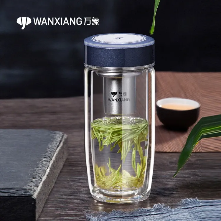 万象商务办公双层玻璃水杯车载便携水杯带盖女士高档过滤透明带盖