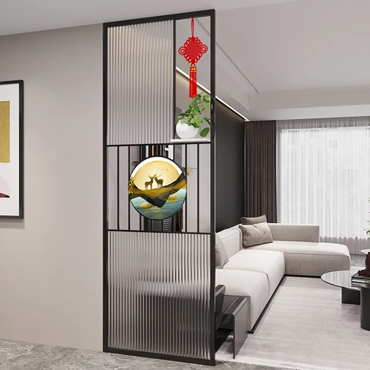 长虹玻璃铁艺屏风玄关客厅洗手台入户遮挡酒店餐厅金属隔断置物架