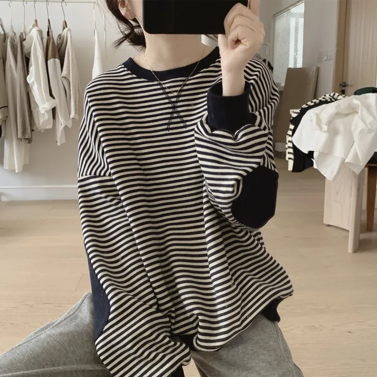 0424#条纹拼接减龄设计感2025年春秋新款长袖宽松显瘦卫衣女上衣