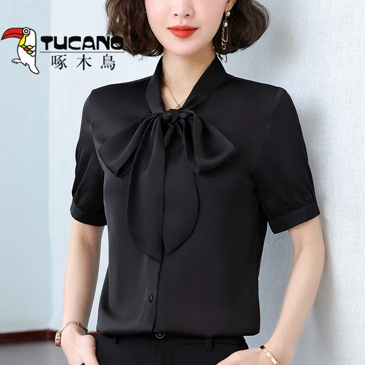 【官方品牌】啄木鸟黑色雪纺衬衫女小众夏季2025新款百搭显瘦潮衬衣