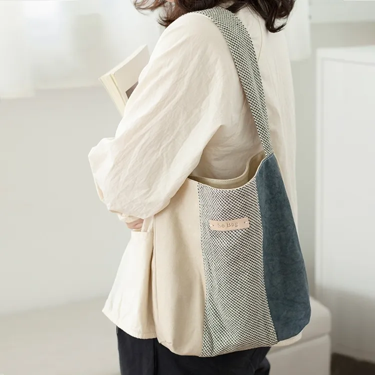 SoBag原宿风日系帆布包女复古小众拼色设计ins百搭文艺休闲单肩包