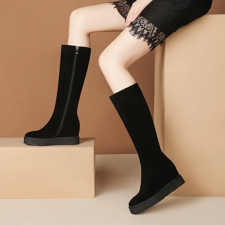 金耿儿内增高长筒靴女秋冬厚底不过膝长靴真皮小个子粗腿坡跟显瘦