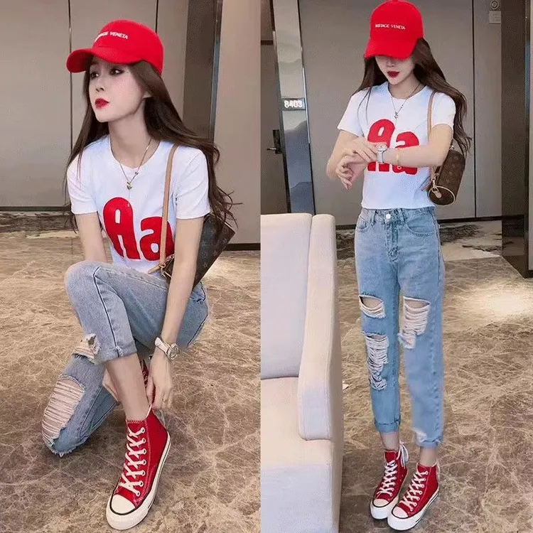 休闲夏季时尚百搭小个子圆领红字母T裙/T短袖+破洞洋气衣服女