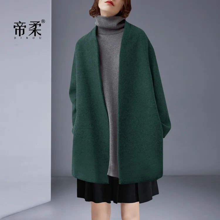 2025秋冬新款欧美复古绿气质羊毛呢外套女小个子简约羊毛呢子大衣