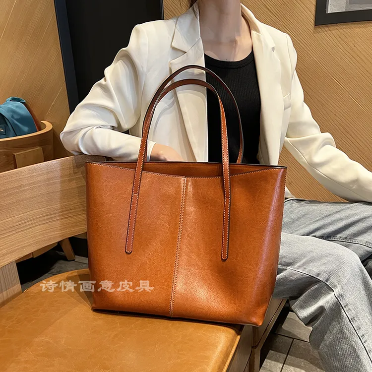 牛皮托特包大容量包包女包简约通勤包购物袋单肩包女电脑大包6288