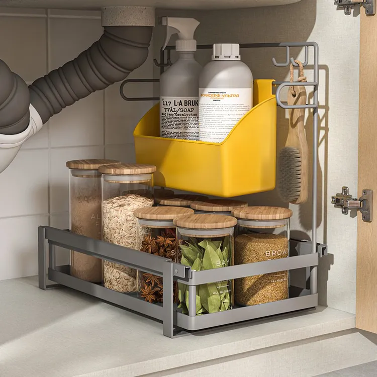抽拉式置物架橱柜内分层架厨房下水槽柜碗碟调料收纳盒抽屉式拉篮