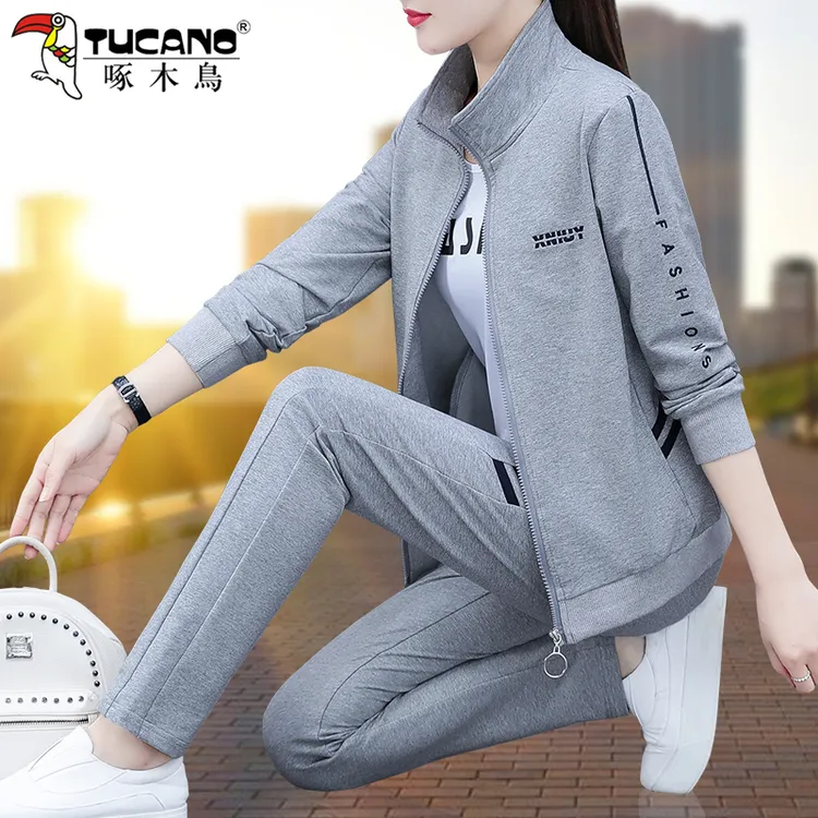 啄木鸟中老年运动服套装女春秋装2025新款爆款妈妈休闲秋季三件套