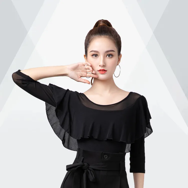 拉丁舞蹈服上衣成人女交谊舞新款修身显瘦摩登舞荷叶边连体衣2025