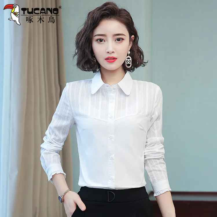 【官方品牌】啄木鳥韩版衬衫女士2026新款春秋立领气质木耳百搭衬衣