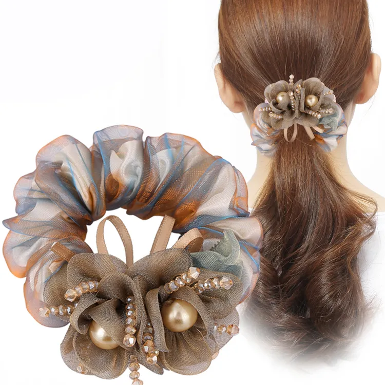 韩国布艺发圈欧根纱丸子头盘发头花大号头绳发绳扎头发橡皮筋头饰