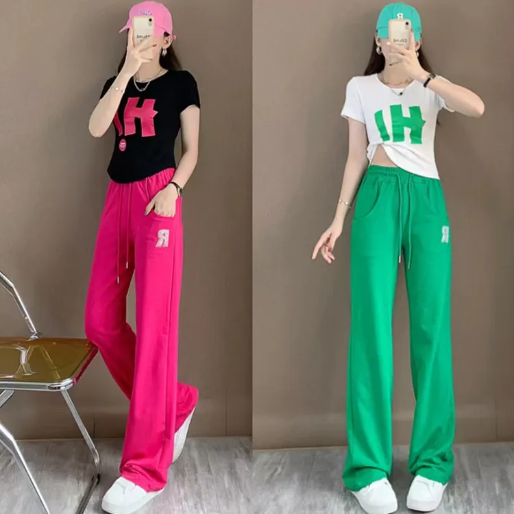 炸街运动风套装女夏2022新款时尚洋气玫红色阔腿裤两件套显瘦健身