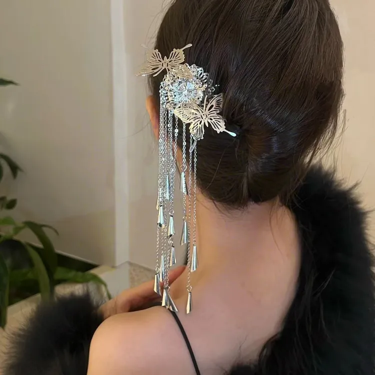 古风蝴蝶风铃发钗发簪双股蝶恋花步摇发叉u型盘发发饰古风簪子