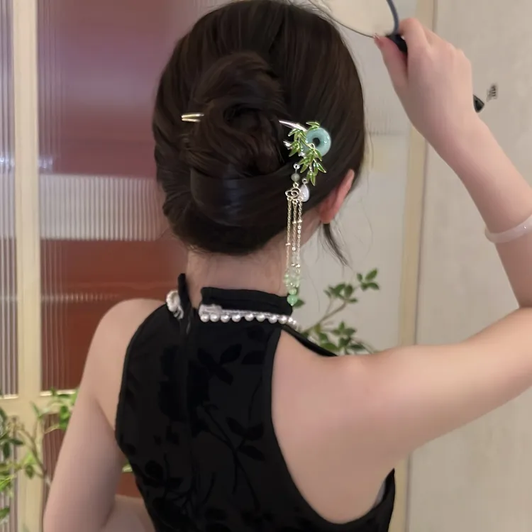 U型簪平安扣翠竹步摇古典流苏发钗发簪盘发发饰簪子盘头发