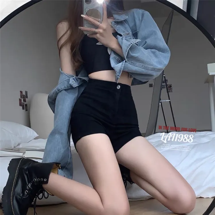 网红A字黑遮肉牛仔短裤女秋季高腰显瘦热裤紧身辣妹超短裤ins裤子