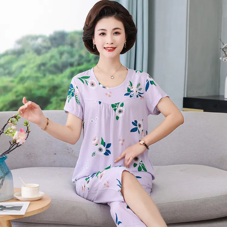 妈妈棉绸睡衣女款夏季2025新款中老年人短袖人造棉套装绵绸家居服