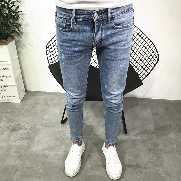 冬季抓毛浅蓝色时尚百搭牛仔裤男潮牌高端水洗舒适弹力九分裤休闲