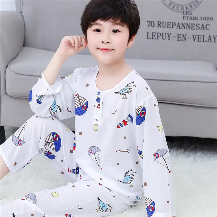 儿童棉绸睡衣薄款夏季长袖男童男孩绵绸空调家居服睡衣套装