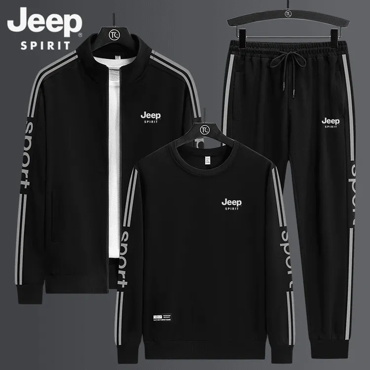 JEEP吉普运动套装男士外套春秋款休闲大码冬季加绒运动服男三件套