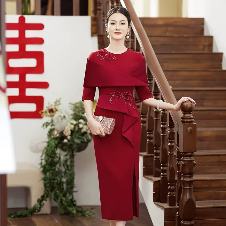 改良版旗袍2025新款春季女妈妈礼服喜服喜婆婆婚宴装洋气红色结婚