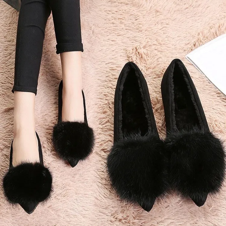 33-41码欧洲站毛毛鞋豆豆鞋女秋冬季加绒单鞋尖头平底浅口瓢鞋子