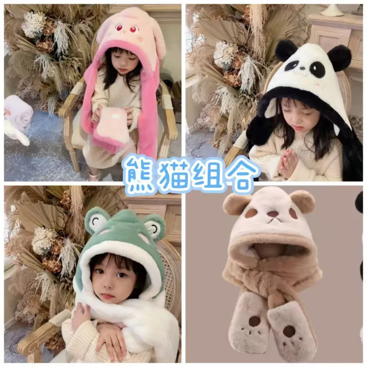 儿童帽子围巾手套一体帽男童加绒三件套可爱女童防风帽加厚套头帽