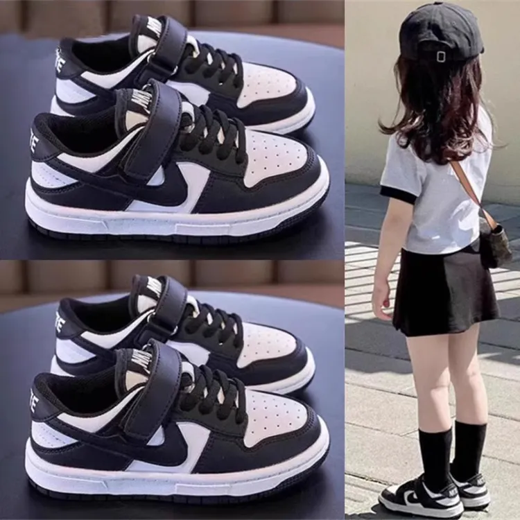 巴拉男女童鞋2025年勾勾男童板鞋新款韩版真皮熊猫黑白运动鞋aj