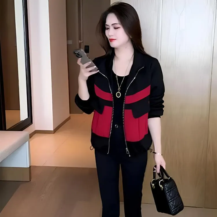 短外套女时尚休闲百搭2024秋季新款宽松显瘦减龄撞色拼接洋气上衣