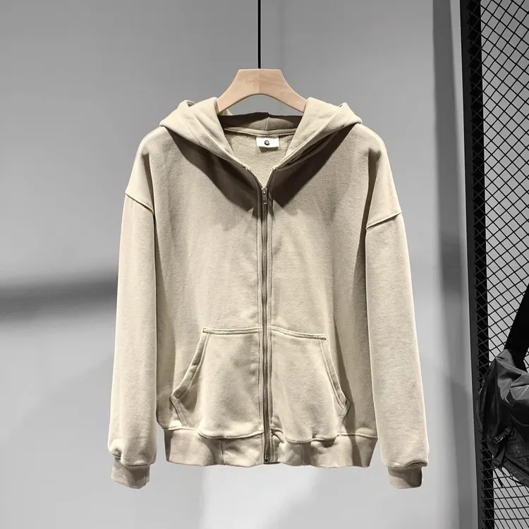 DIANRUO/殿若重磅连帽卫衣男士秋冬日系美式休闲宽松开衫纯色外套