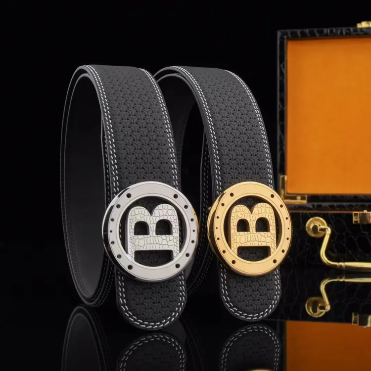 新款字母B钢扣男士高档皮带真牛皮休闲百搭平滑扣潮流个性裤腰带