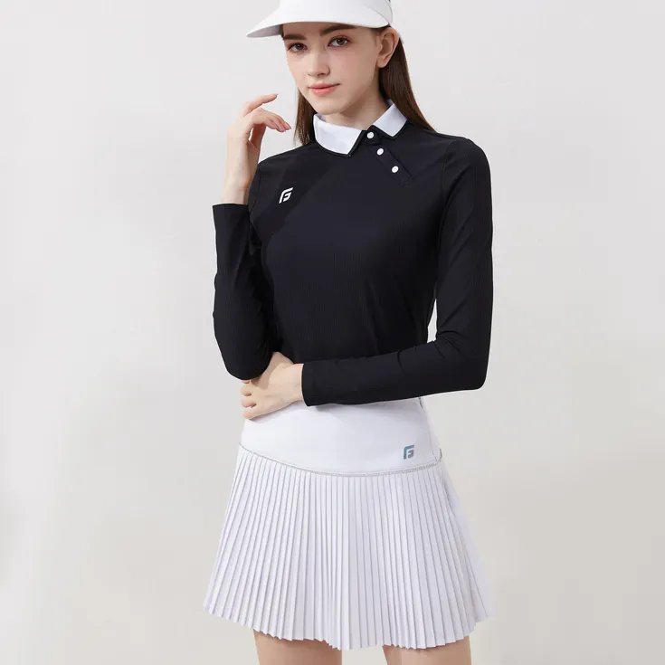 高尔夫女士春秋季长袖GOLF运动百褶裙修身女款服装翻领弹力时尚