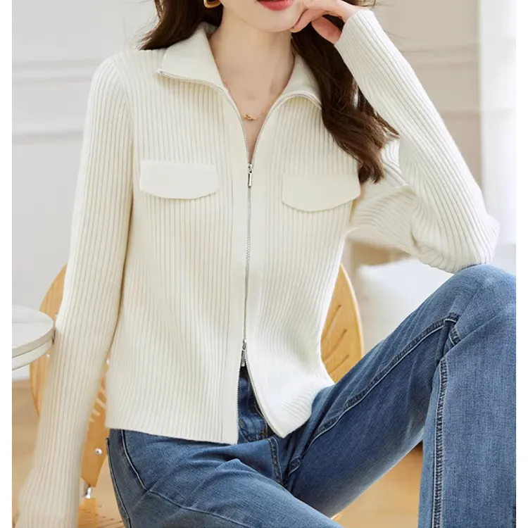 2024秋季新款双拉链翻领针织开衫女高级感小个子外搭针织上衣外套
