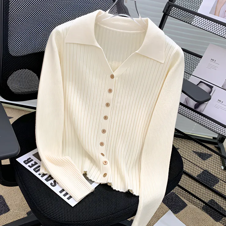 polo领针织开衫翻领坑条修身洋气显瘦针织开衫百搭外套女8995