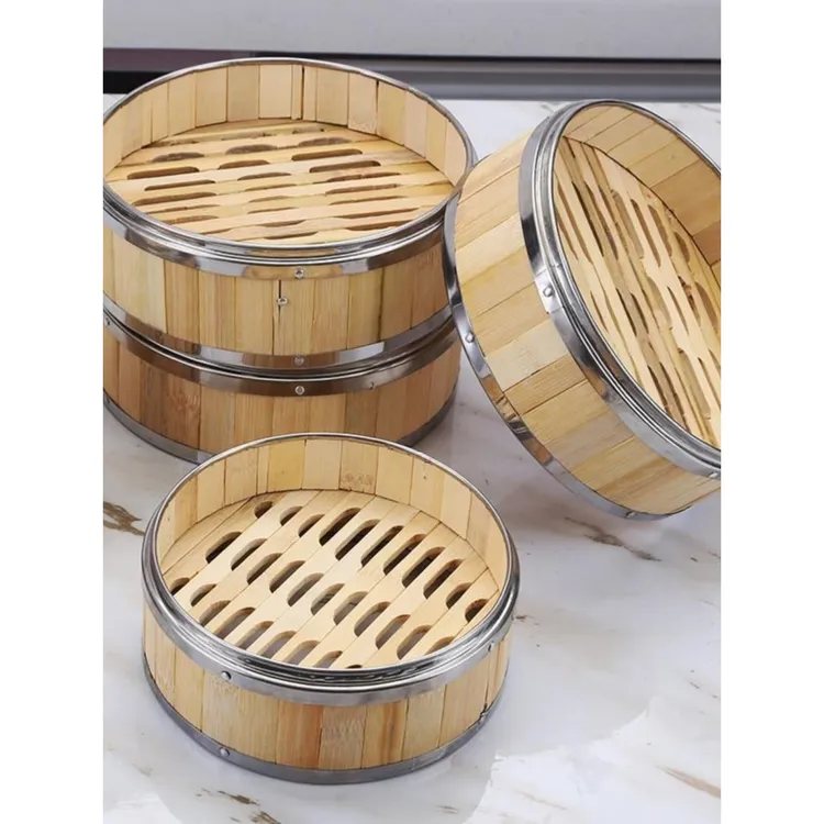蒸笼竹制小笼包蒸笼加深不锈钢包边蒸格蒸饭笼商用饺子蒸屉圆形