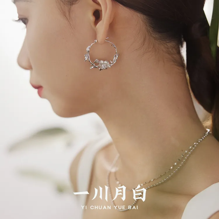 925银莫桑石耳饰 一川月白远山芙蓉耳环精致小众百搭气质轻奢小众