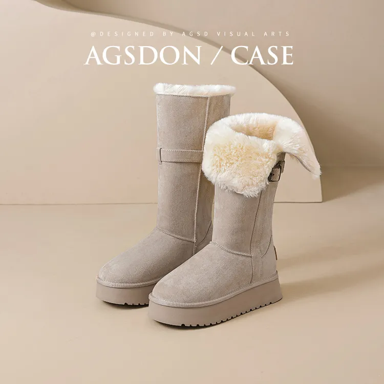 奥古狮登高筒雪地靴女2025冬季新款加绒加厚保暖长筒靴东北棉鞋子