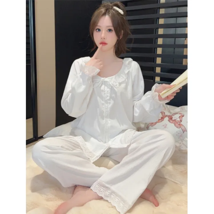 小个子纯棉睡衣女士春秋季甜美开衫新款宽松长袖长裤家居服两件套