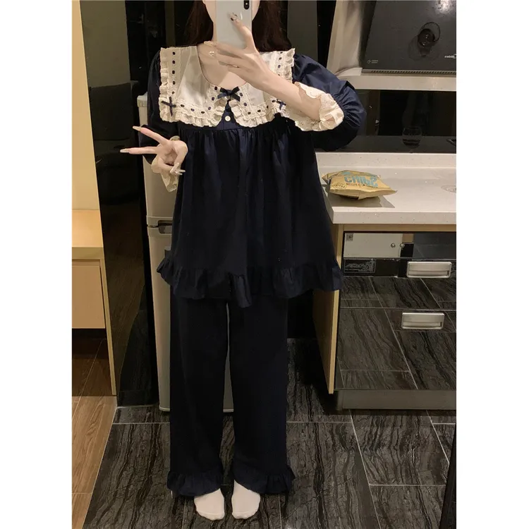 秋季法式宫廷风七分袖纯棉睡衣女100%全棉宽松家居服可外穿两件套