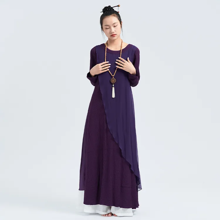 花椿詩意圆领连衣裙夏紫色复古轻文艺中国风女装原创设计茶服仙气