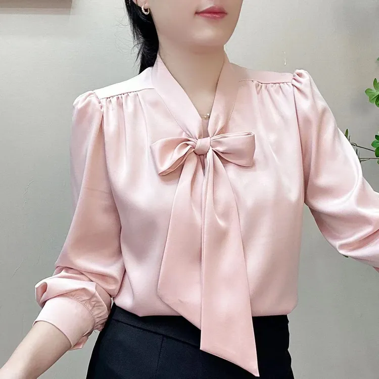 2025新款缎面衬衫法式蝴蝶结设计简约轻职普宁衬衫2025新款
