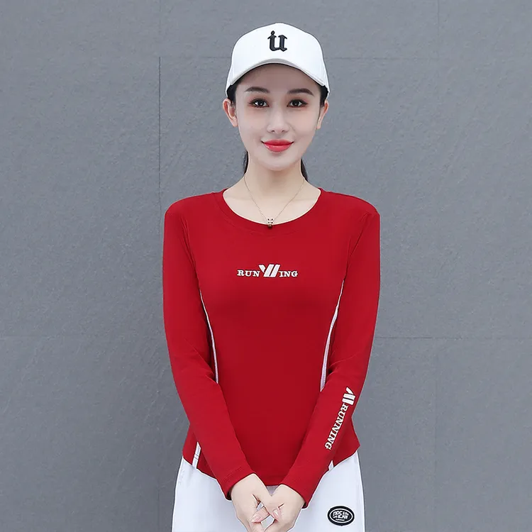 2025秋上新广场舞高弹螺纹棉跳舞运动健身长袖秋款新款修身T恤