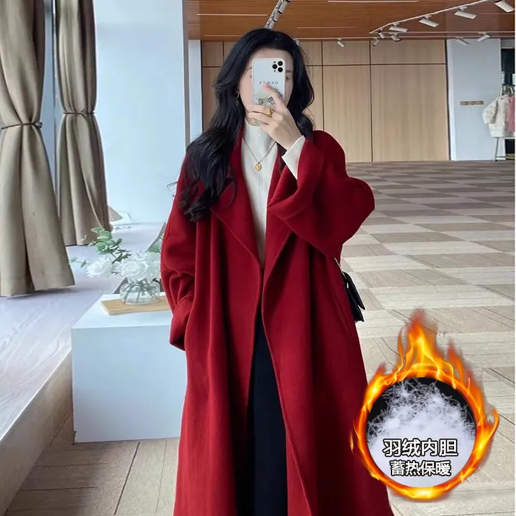 红色羽绒可拆卸内胆呢子大衣女新款秋冬高级感韩系双面呢毛呢外套