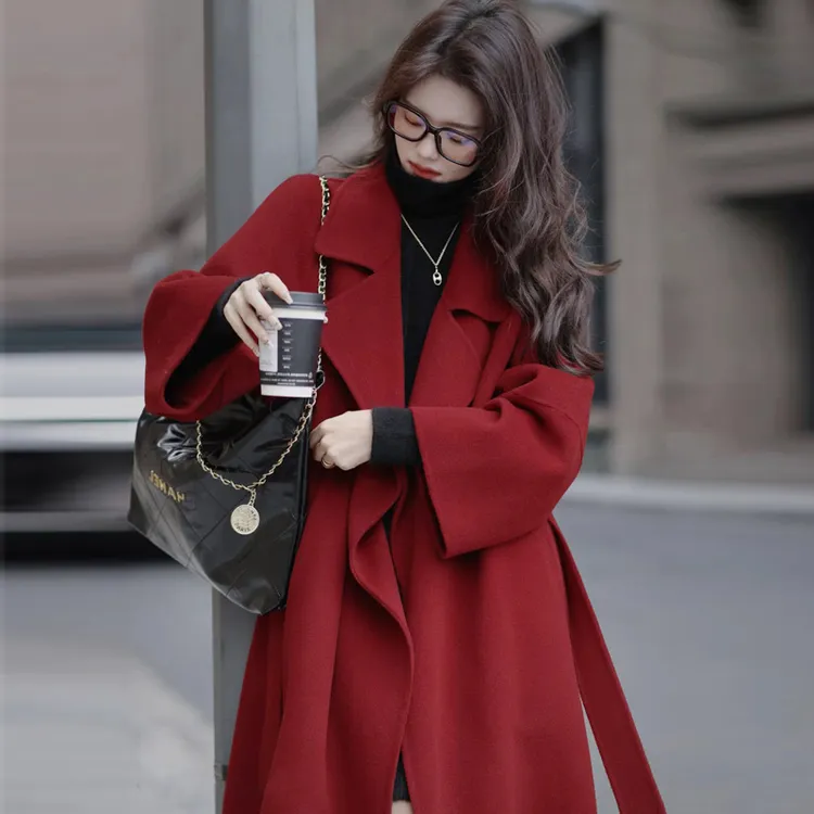 红色双面毛呢子大衣女结婚新娘秋冬小个子洋气宽松毛呢外套中长款