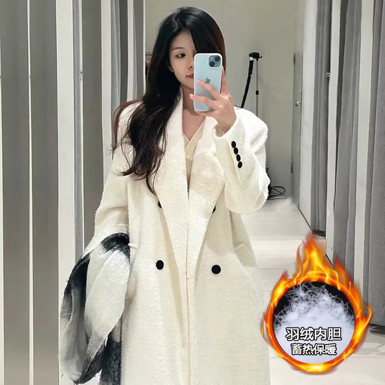 白色羽绒内胆呢子大衣女中长款2025新款冬季加绒加厚毛呢大衣外套