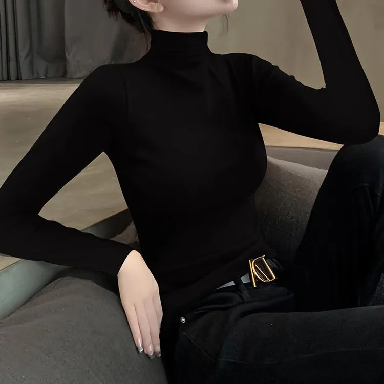 莫代尔半高领打底衫女内搭秋冬季堆堆领长袖T恤黑色修身显瘦上衣