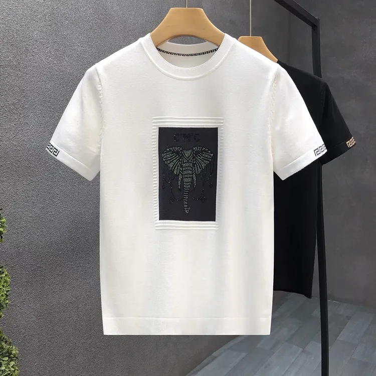 春秋季个性烫钻短袖毛衣男士半袖针织衫休闲百搭圆领打底衫毛衣衫