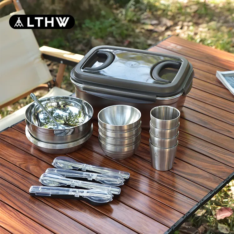 LTHW旅腾 户外餐具便携套装露营用品装备野餐碗盘杯筷勺304不锈钢