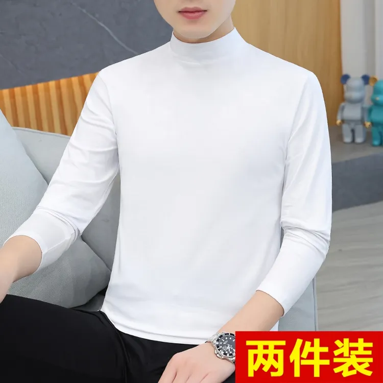 高档纯棉薄款中领男士秋衣打底衫长袖T恤半高领内搭体恤衫上衣服